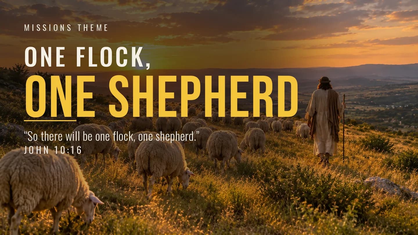Missions theme: One Flock, One Shepherd, John 10:16, with a shepherd leading his flock at sunset